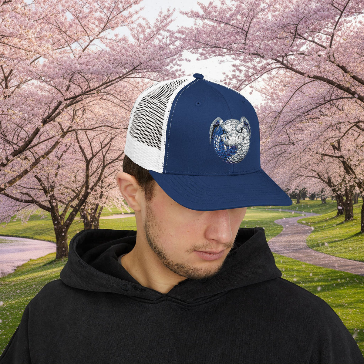 Embroidered White and Grey Stitched "Dragon Golf Ball" Trucker Cap