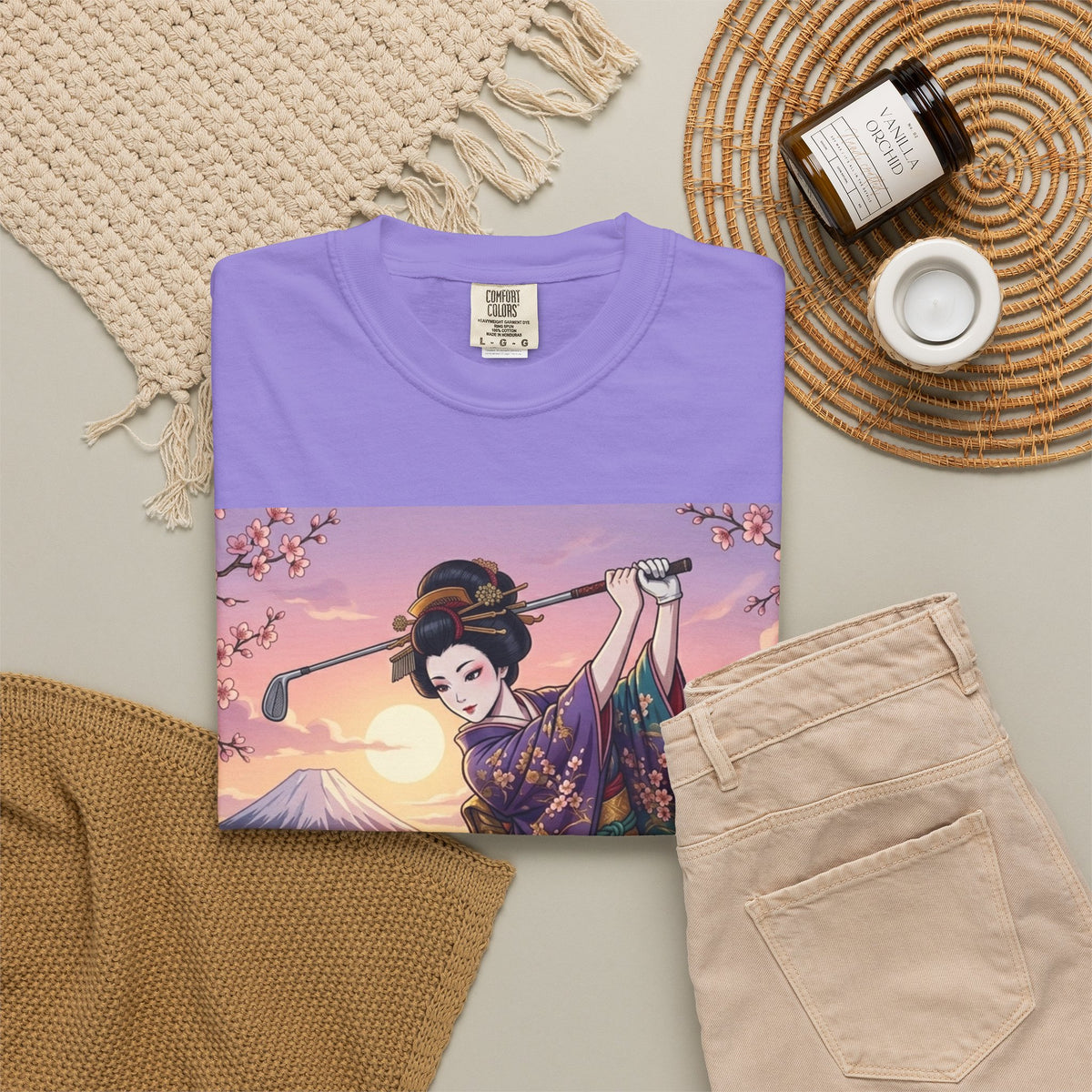 Geisha Golfer Garden T-Shirt — Japanese Kimono Sunset Art Tee