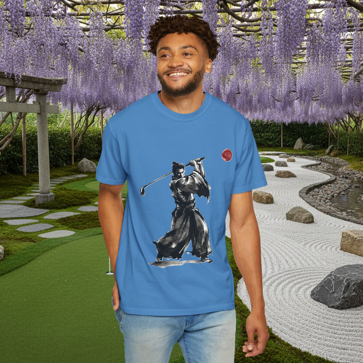 Samurai Golf T-Shirt — Sumi-e Brushstroke Golfer with Red Sun