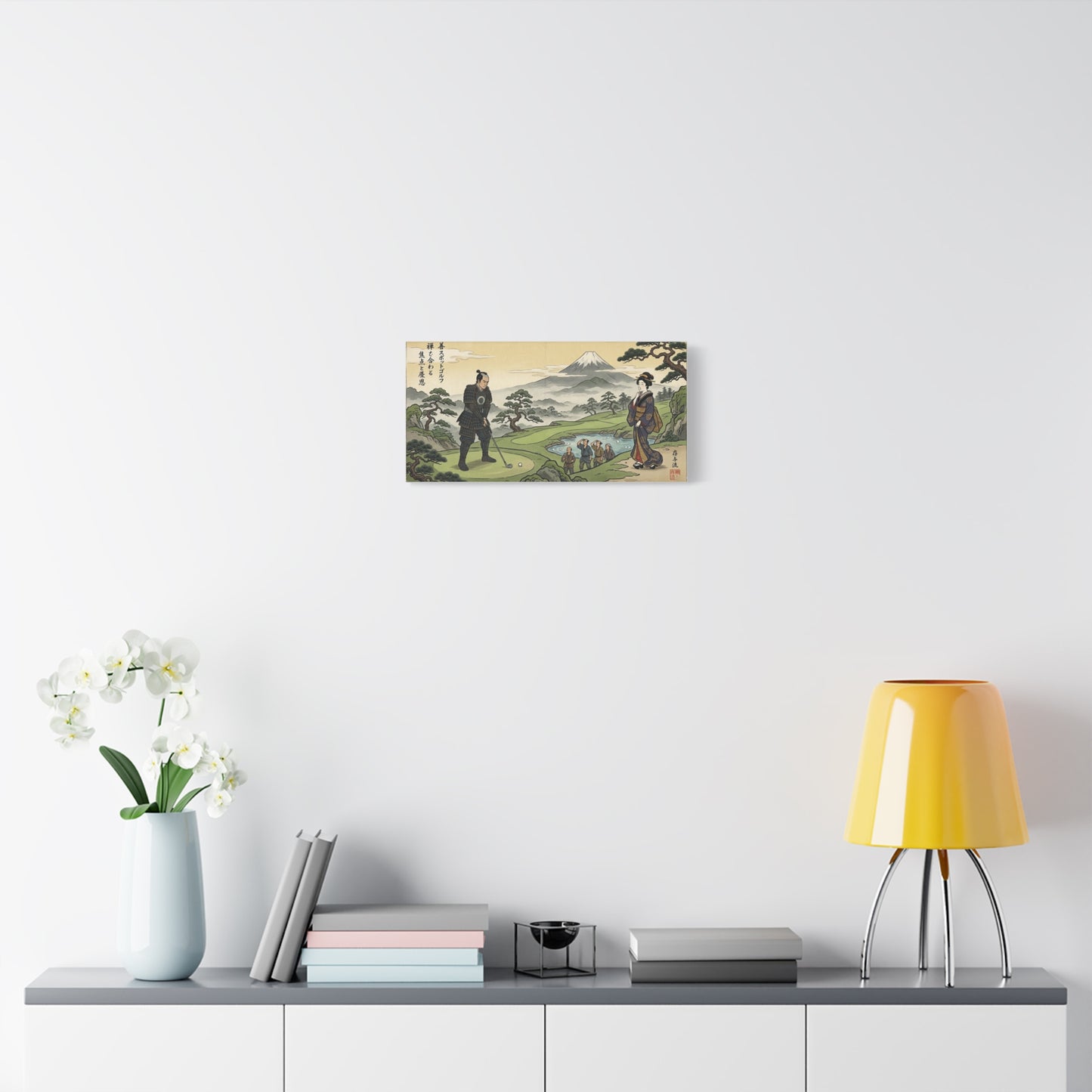 Vintage Japanese Ukiyo-e Canvas Print — Samurai Playing Golf with Mount Fuji