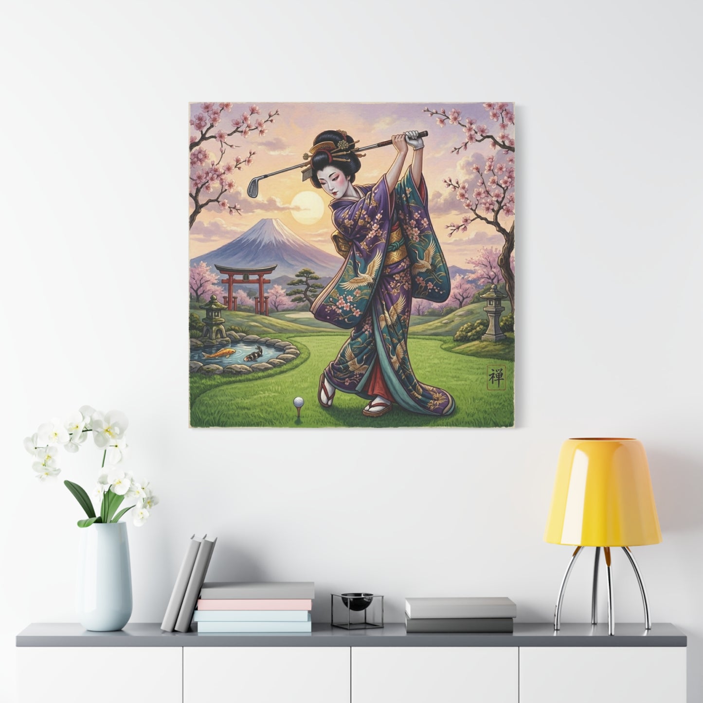 Geisha Golfer Canvas Print — Japanese Cherry Blossom Golf Art