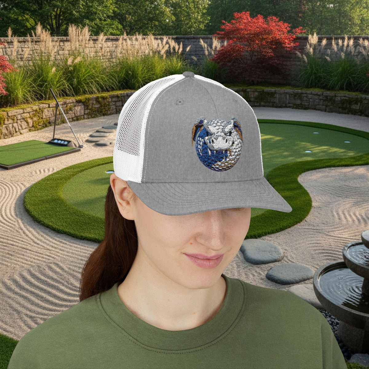 Embroidered White and Brown Stitched "Dragon Golf Ball" Trucker Cap