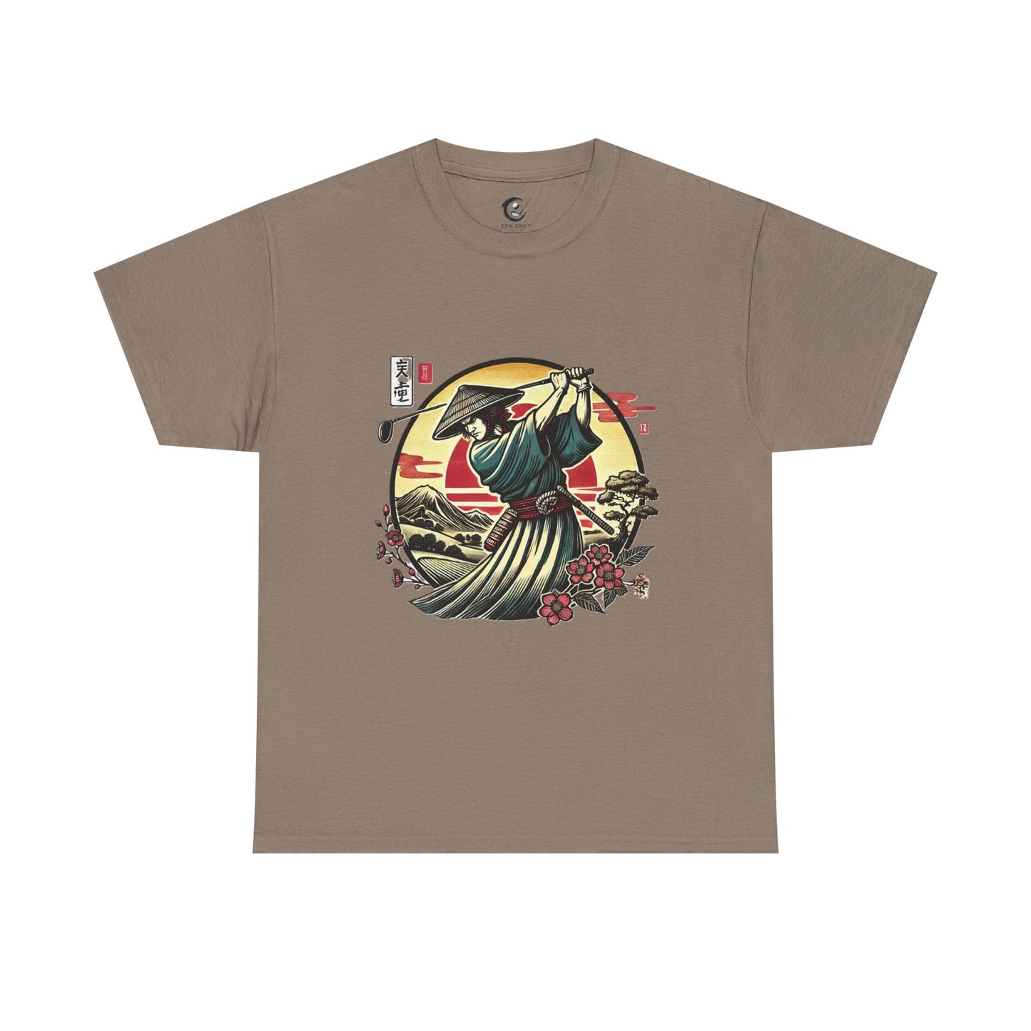 Zen Spot Customized Gildan Samurai Golfer Sunset T‑Shirt — Japanese Warrior Graphic Tee