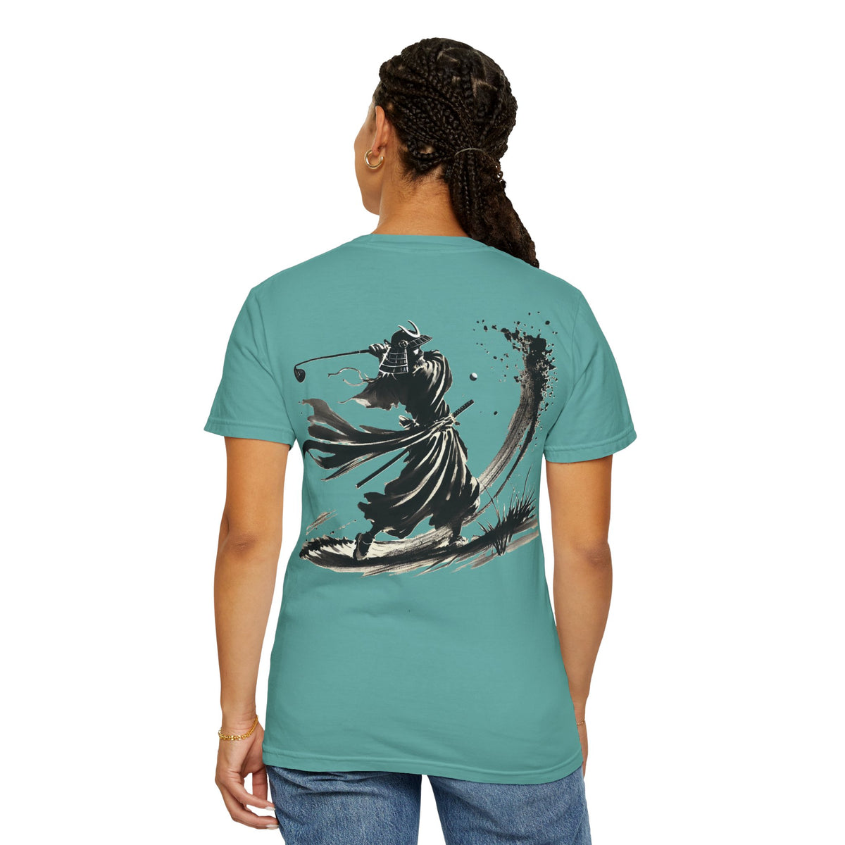 Brushstroke Bunker Blast Samurai Golfer Chest and Back Design Graphic T-Shirt
