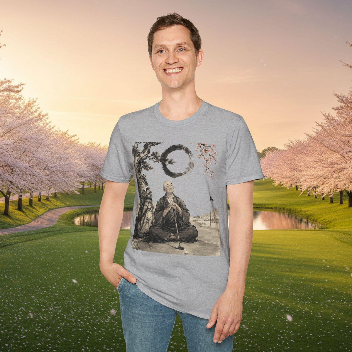 Zen Monk T-Shirt — Enso Circle & Cherry Blossom Meditation Tee