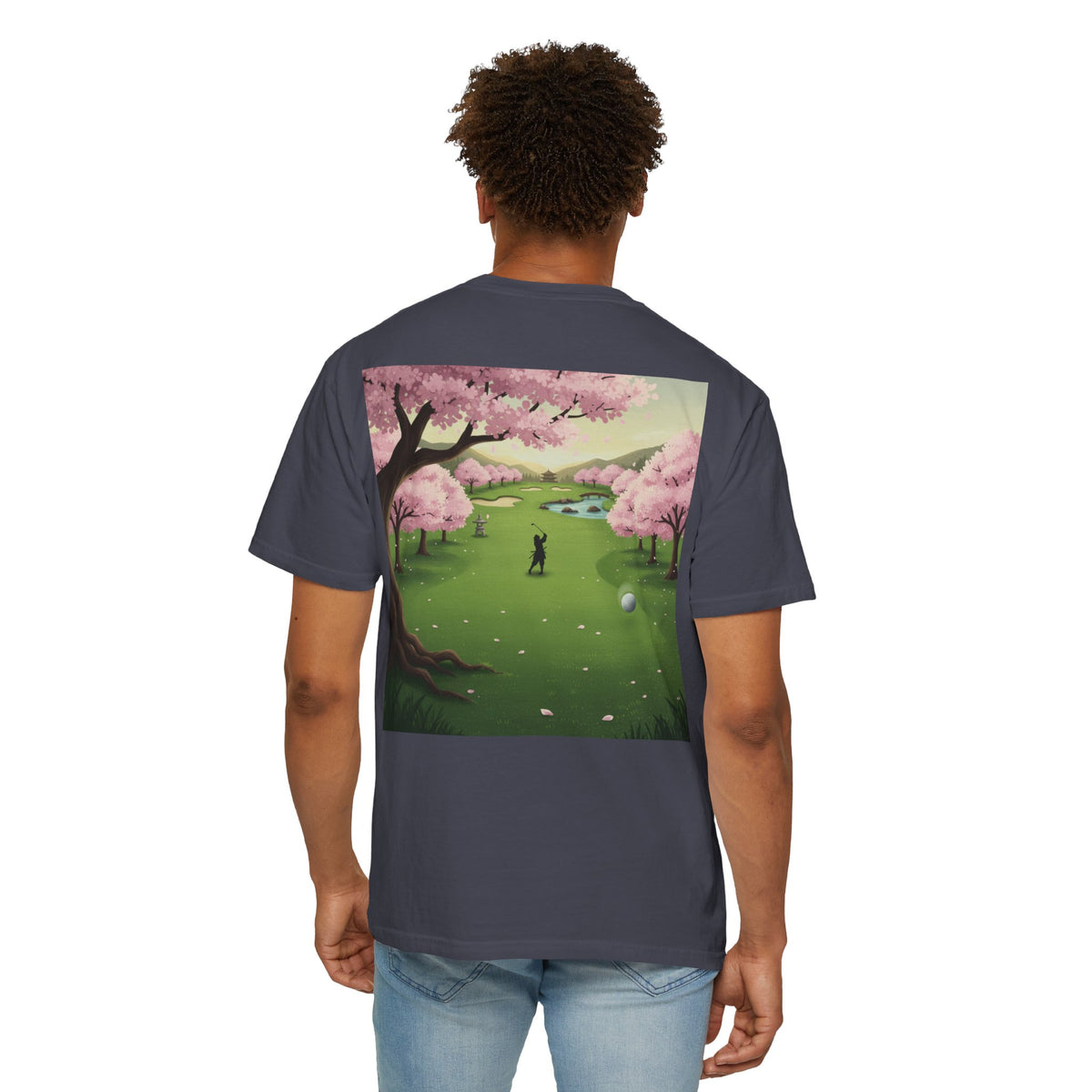 Enso Circle Chest Cherry Blossom Golf Course Back Design Graphic T-Shirt