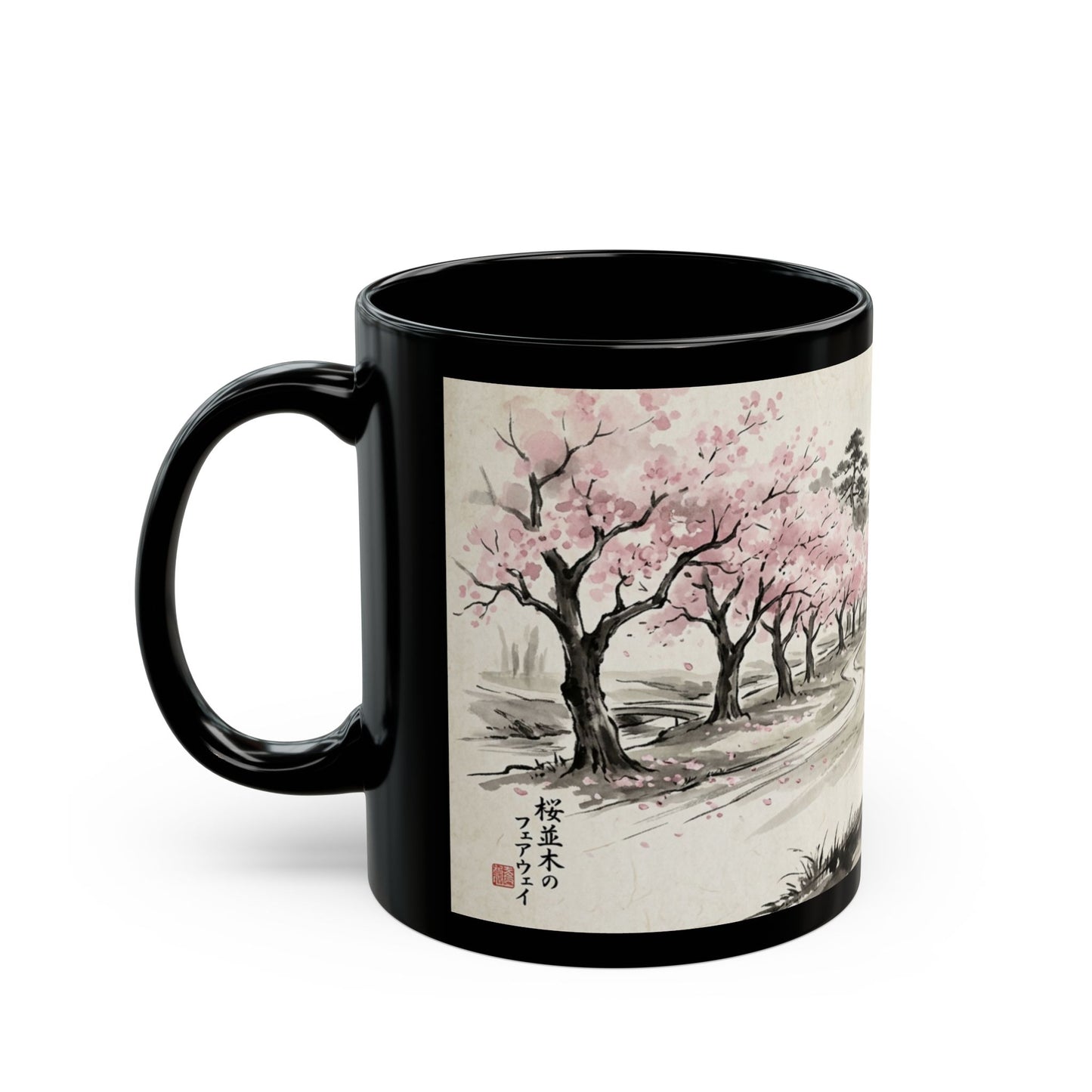 Zen Spot Golf Custom Cherry Blossom Landscape Mug Black Ceramic Coffee Tea Cup (11oz & 15oz)