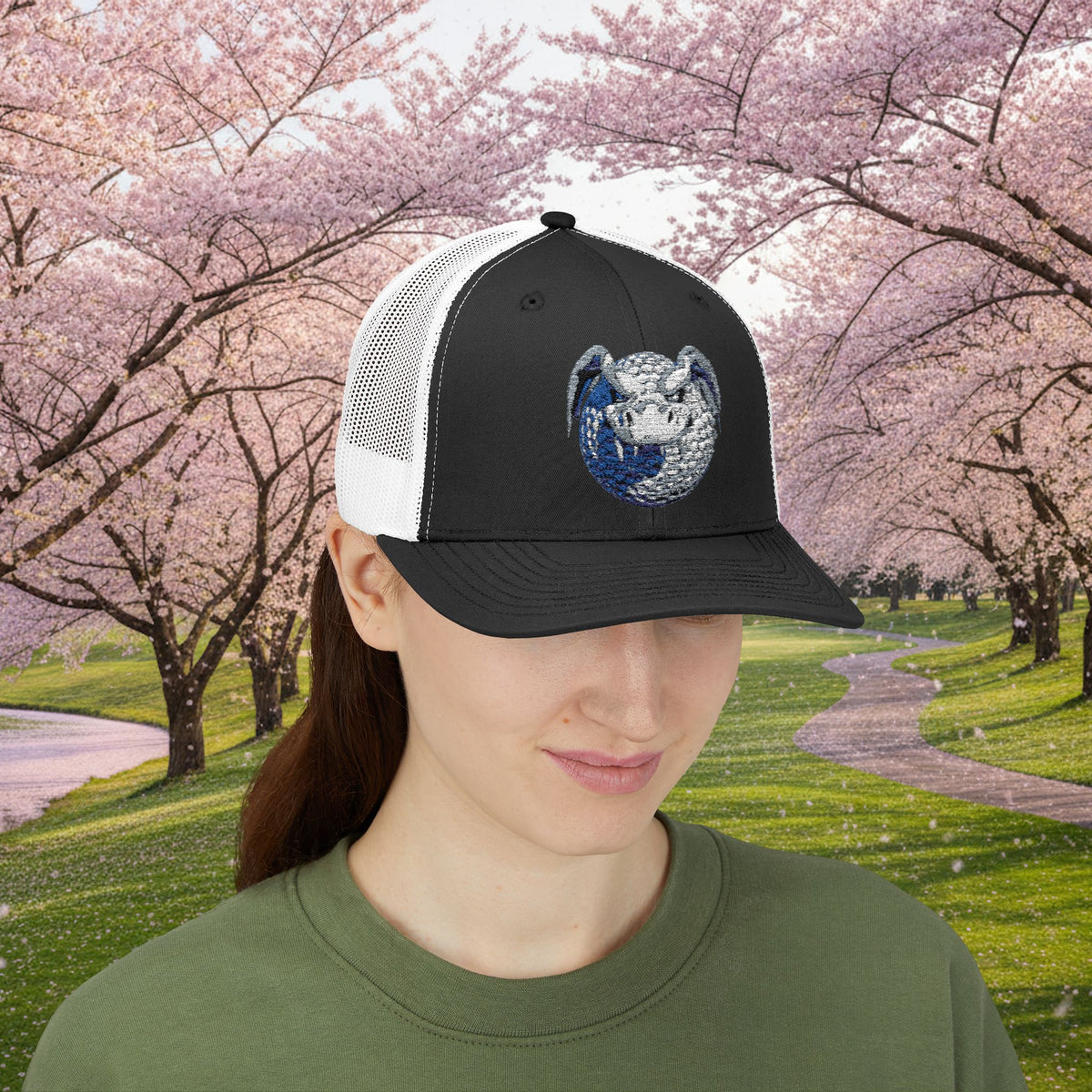Embroidered White and Grey Stitched "Dragon Golf Ball" Trucker Cap
