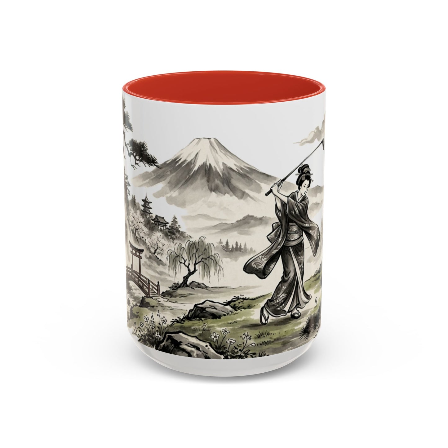 Zen Spot Golf Custom Japanese Golf Scene Accent Coffee Mug Ukiyo-e Style Golfing Geisha (11/15oz)
