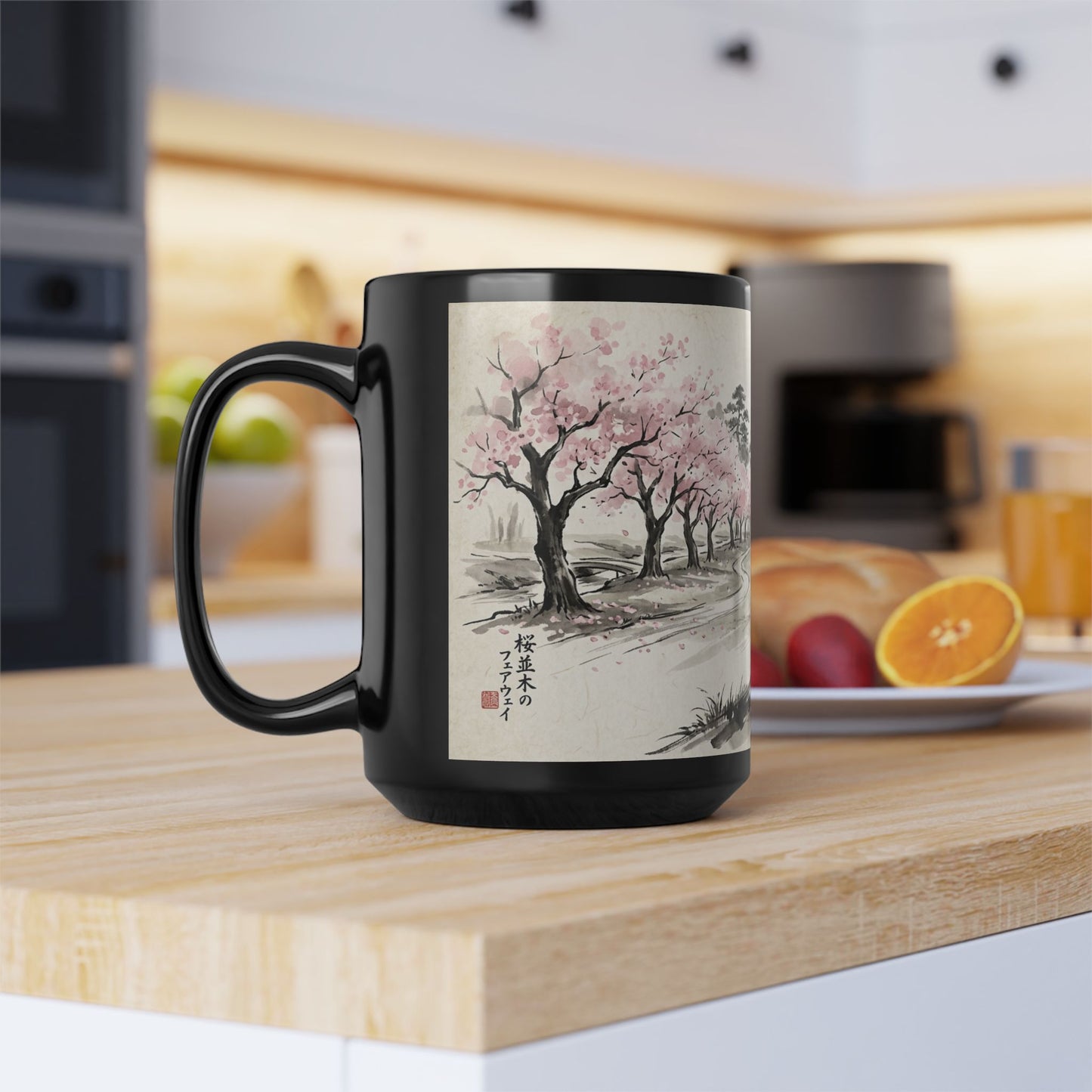 Zen Spot Golf Custom Cherry Blossom Landscape Mug Black Ceramic Coffee Tea Cup (11oz & 15oz)