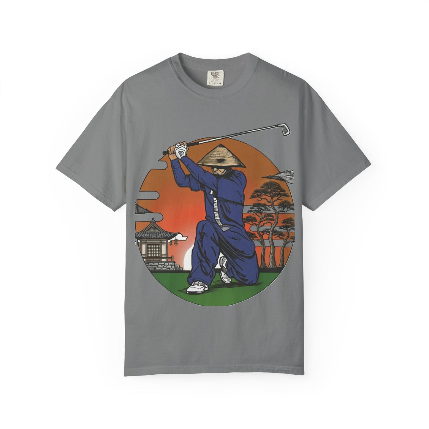 Zen Spot Golf Custom Vintage Sunset Samurai Golfer Graphic T‑Shirt
