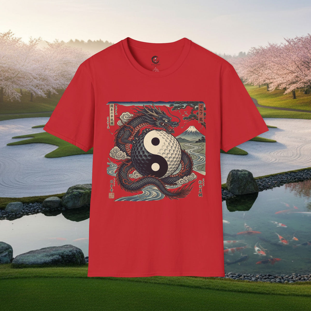 Yin Yang Dragon Golf T‑Shirt — Japanese Wave & Mt. Fuji Graphic Tee