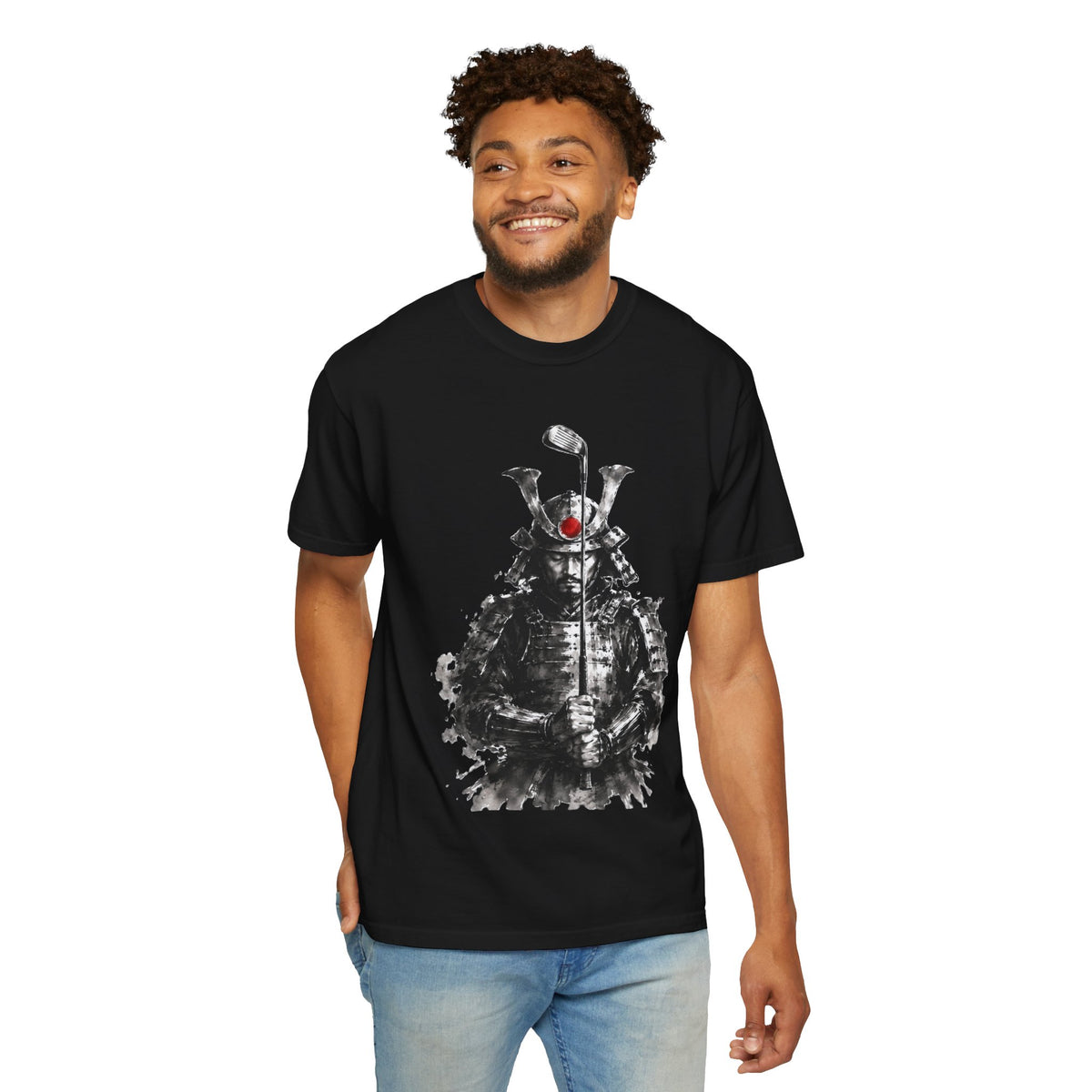 Samurai Golf T-Shirt — Ink Brush Warrior "The Focused Ronin" Design
