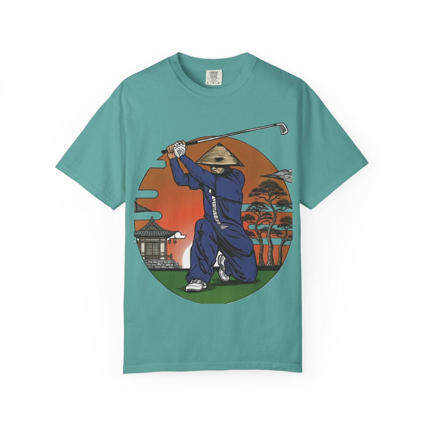 Zen Spot Golf Custom Vintage Sunset Samurai Golfer Graphic T‑Shirt
