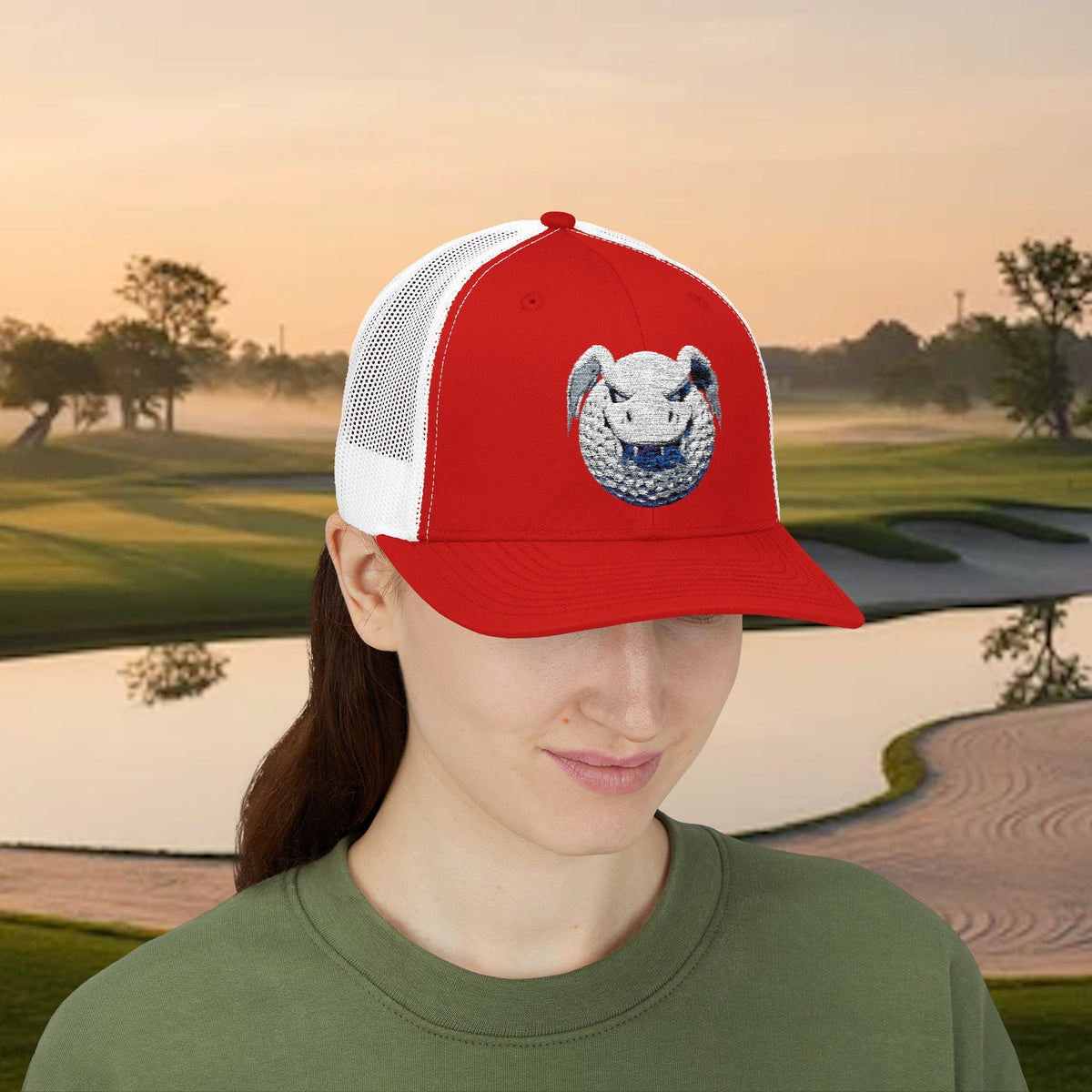 Embroidered White Stitched "Dragon Golf Ball" Trucker Cap