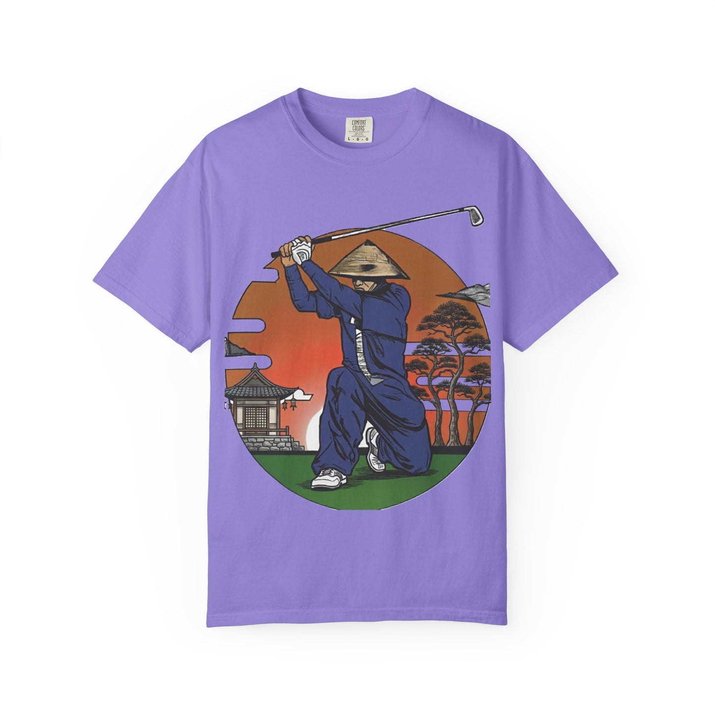 Zen Spot Golf Custom Vintage Sunset Samurai Golfer Graphic T‑Shirt