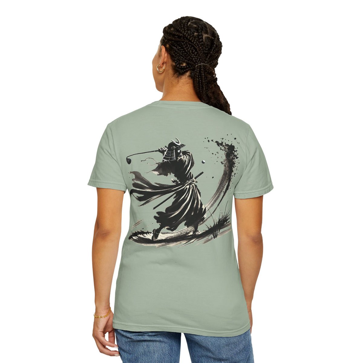 Brushstroke Bunker Blast Samurai Golfer Chest and Back Design Graphic T-Shirt