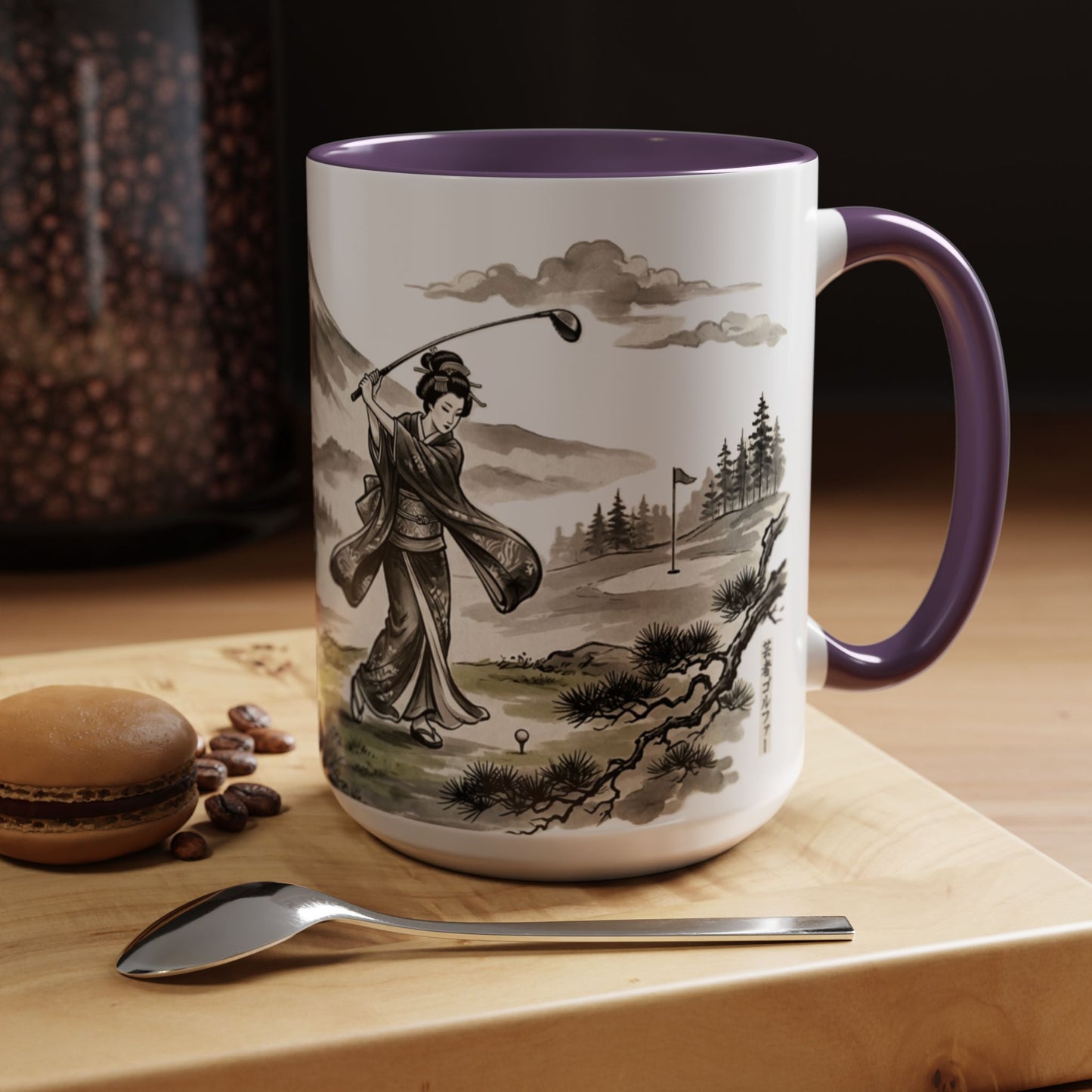 Zen Spot Golf Custom Japanese Golf Scene Accent Coffee Mug Ukiyo-e Style Golfing Geisha (11/15oz)