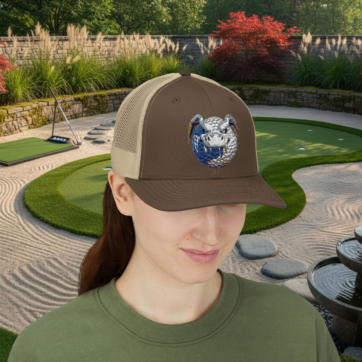Embroidered White and Brown Stitched "Dragon Golf Ball" Trucker Cap