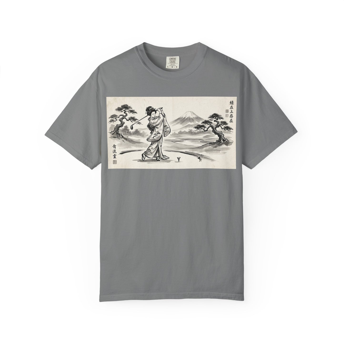 Zen Spot Customized Comfort Colors Japanese Sumi-e Landscape T-Shirt — Vintage Geisha & Mount Fuji Graphic Tee