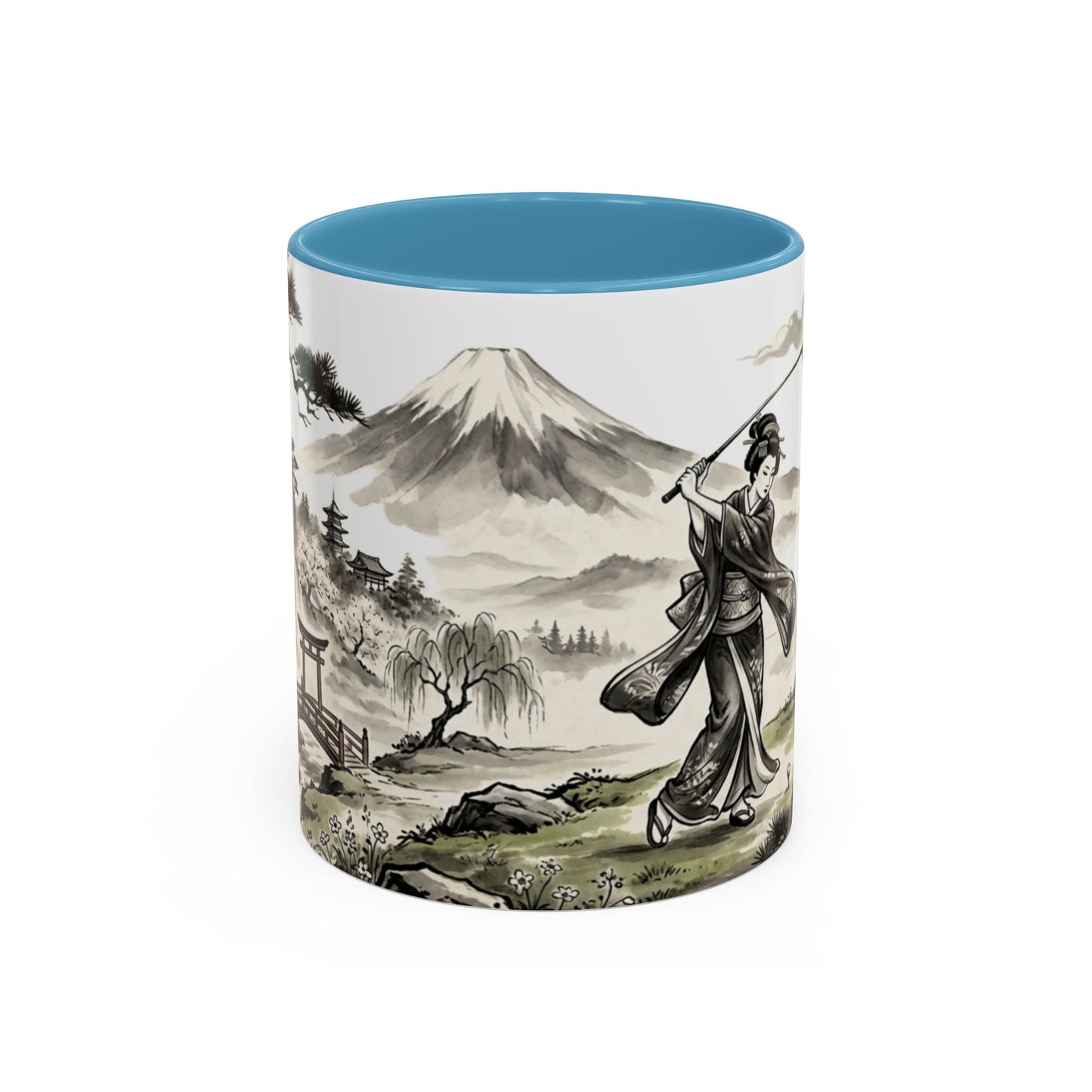 Zen Spot Golf Custom Japanese Golf Scene Accent Coffee Mug Ukiyo-e Style Golfing Geisha (11/15oz)