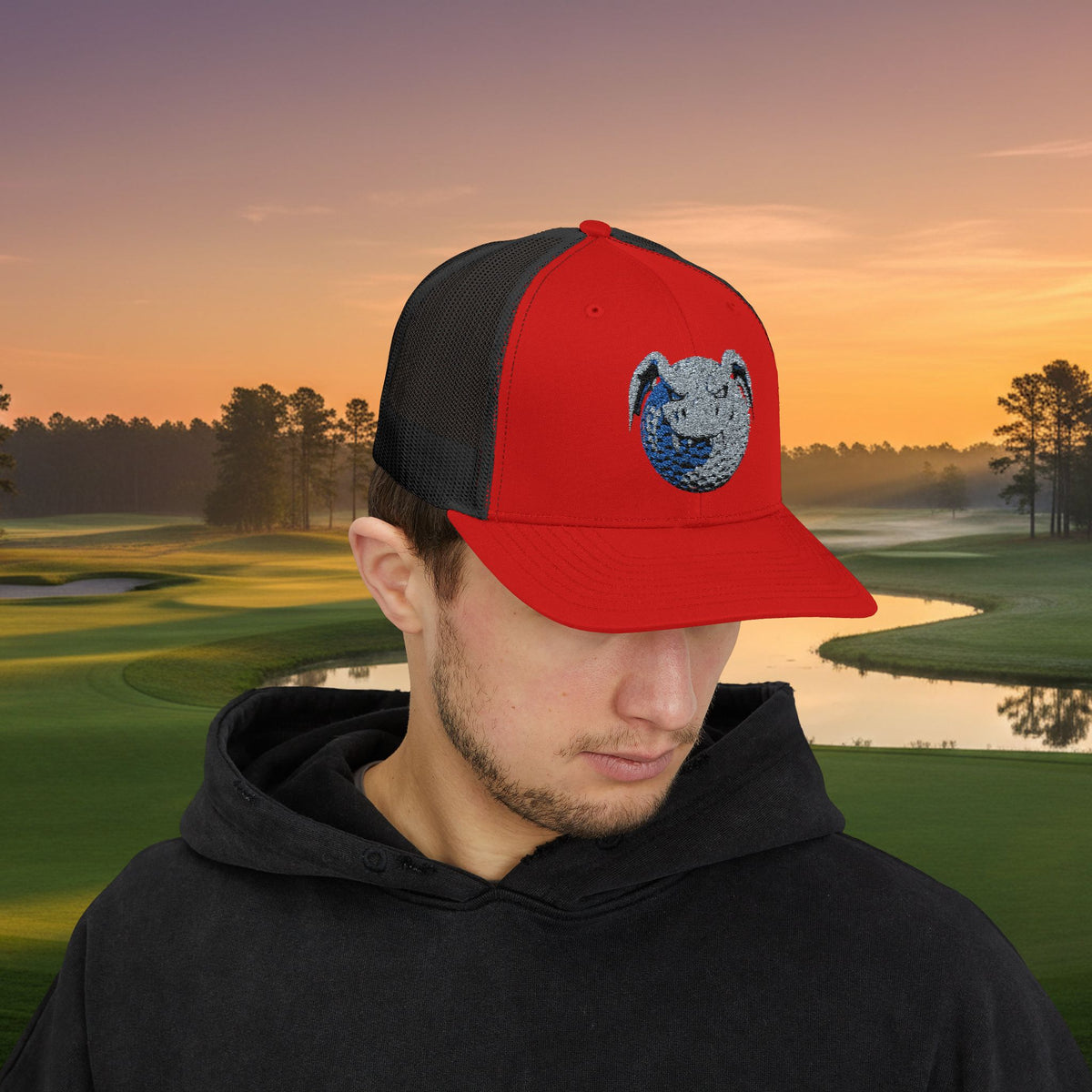Embroidered Grey Stitched "Dragon Golf Ball" Trucker Cap