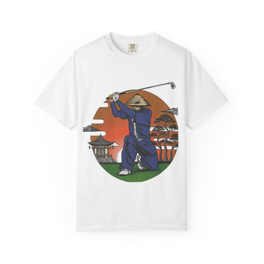 Zen Spot Customized Comfort Colors Golf Samurai T‑Shirt — Vintage Sunset Golfer Graphic