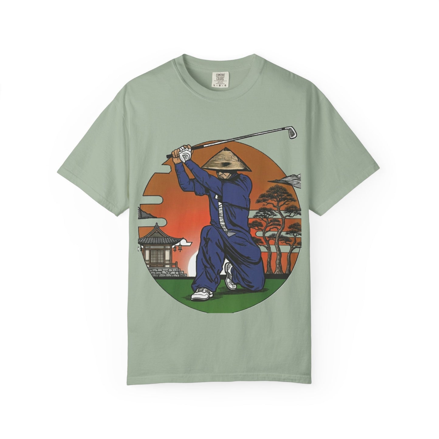 Zen Spot Golf Custom Vintage Sunset Samurai Golfer Graphic T‑Shirt