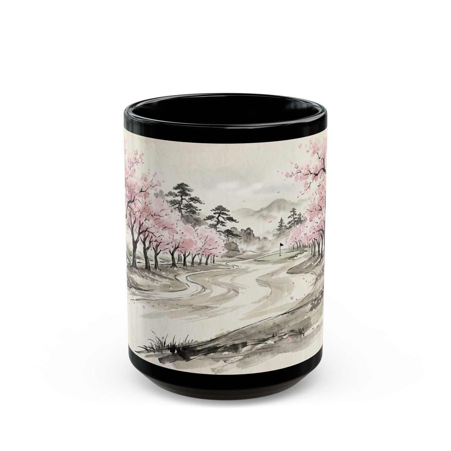 Zen Spot Golf Custom Cherry Blossom Landscape Mug Black Ceramic Coffee Tea Cup (11oz & 15oz)