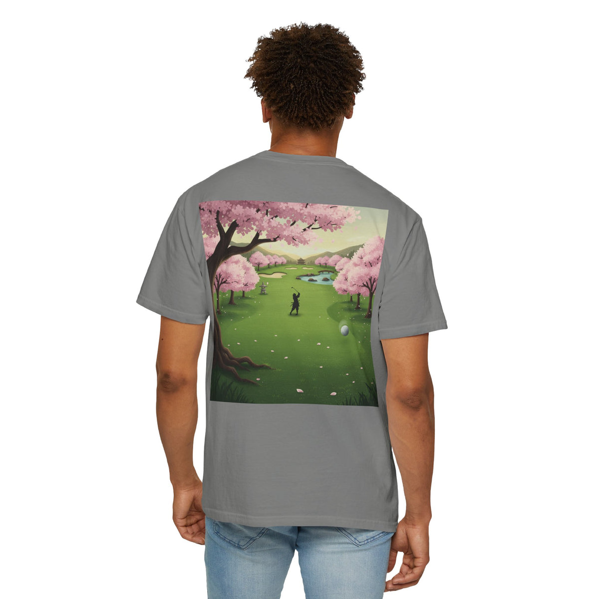 Enso Circle Chest Cherry Blossom Golf Course Back Design Graphic T-Shirt