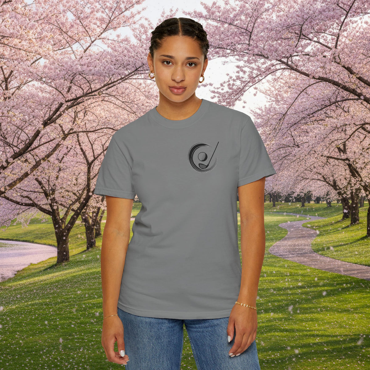 Enso Circle Chest Design Koi Pond Landscape Back Graphic T-Shirt