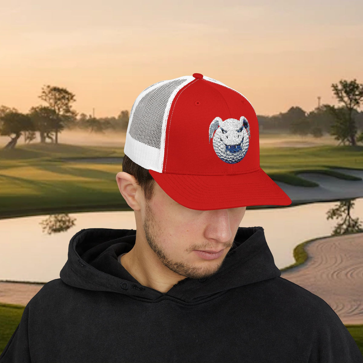 Embroidered White Stitched "Dragon Golf Ball" Trucker Cap