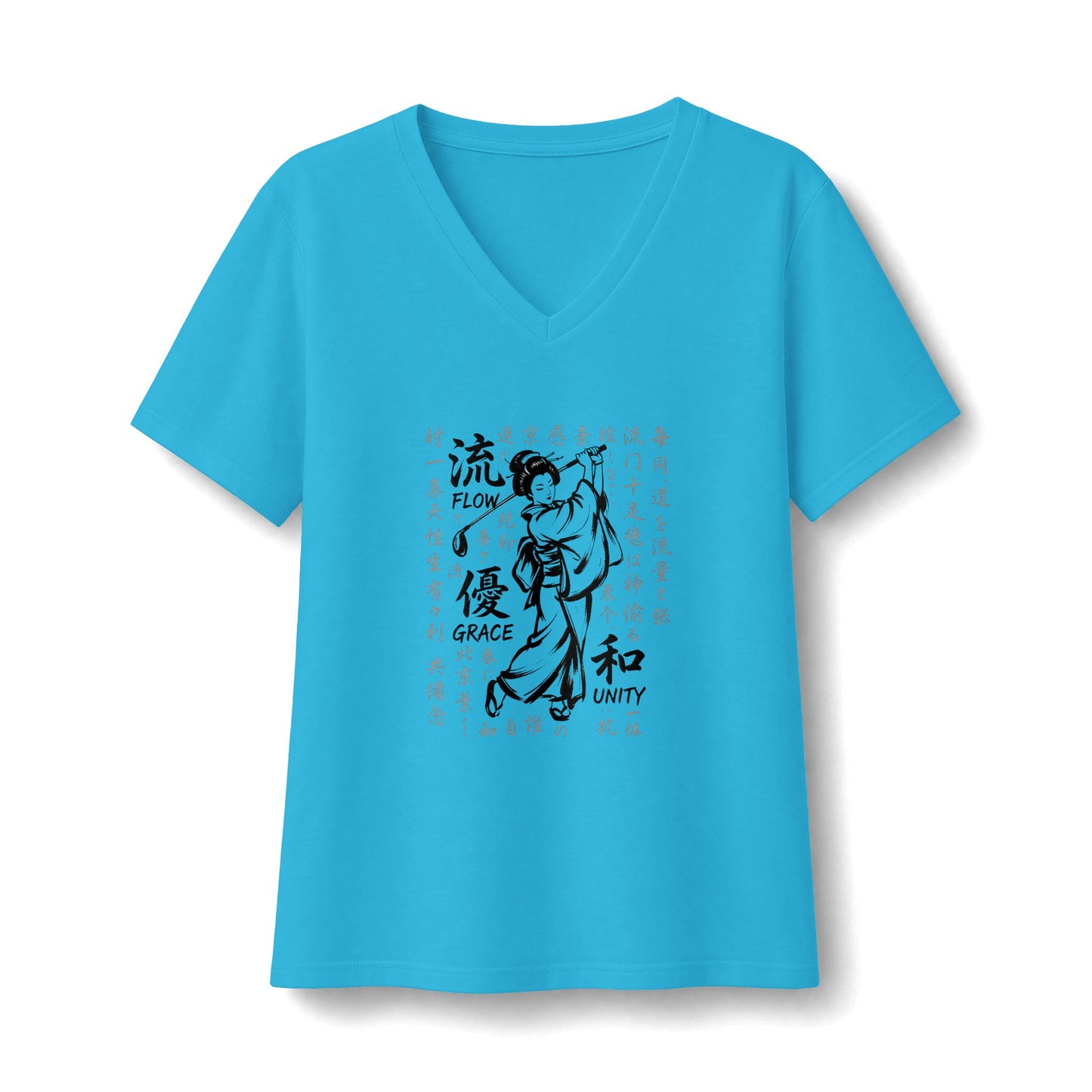Zen Spot Golf Custom Geisha Kanji Flow, Grace, & Unity V-Neck Tee