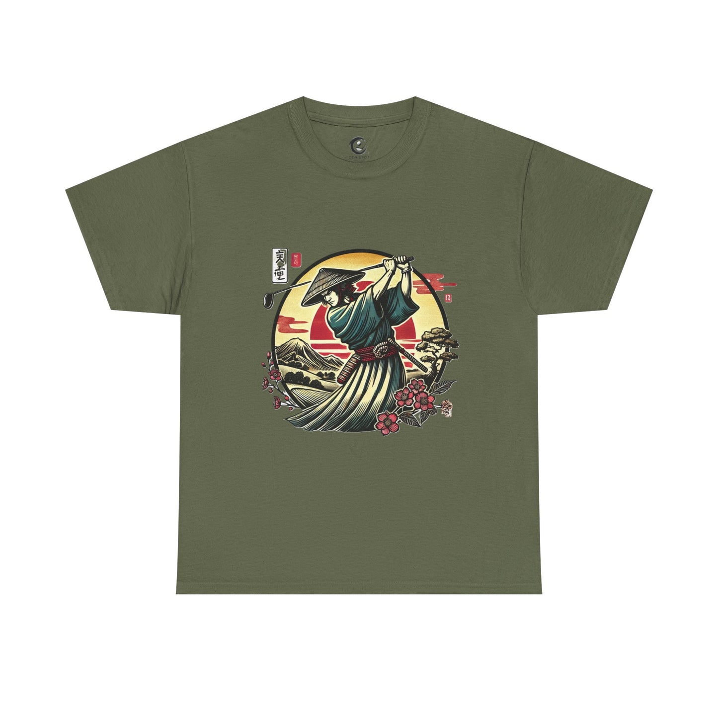 Zen Spot Customized Gildan Samurai Golfer Sunset T‑Shirt — Japanese Warrior Graphic Tee