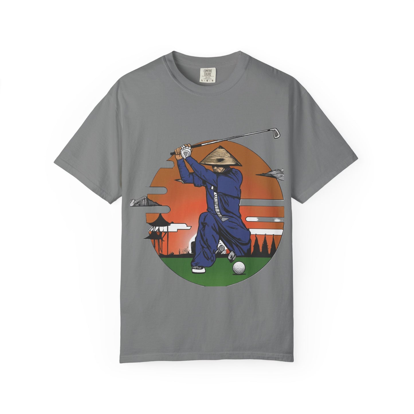 Golf Samurai T‑Shirt — Vintage Sunset Golfer Graphic
