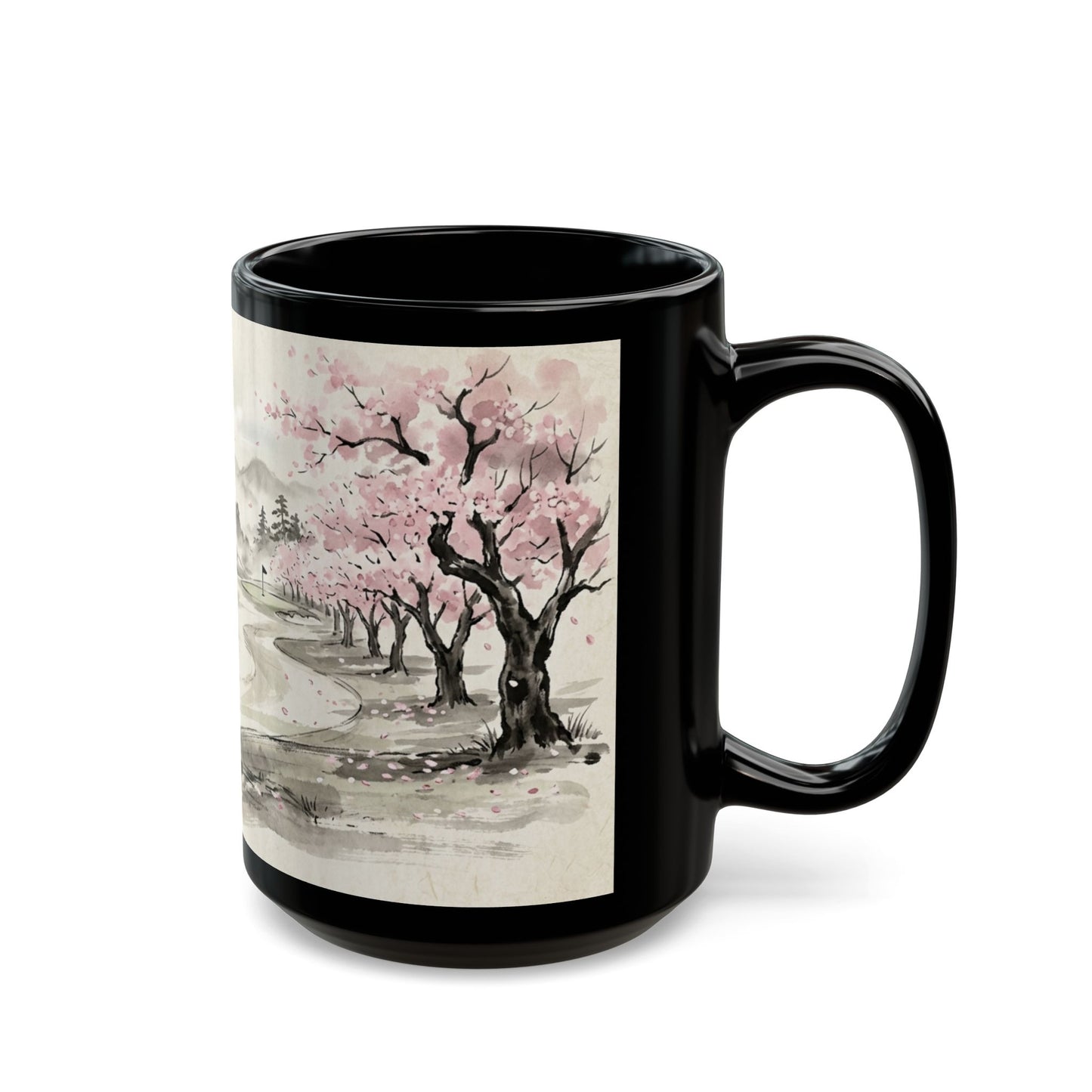 Zen Spot Golf Custom Cherry Blossom Landscape Mug Black Ceramic Coffee Tea Cup (11oz & 15oz)