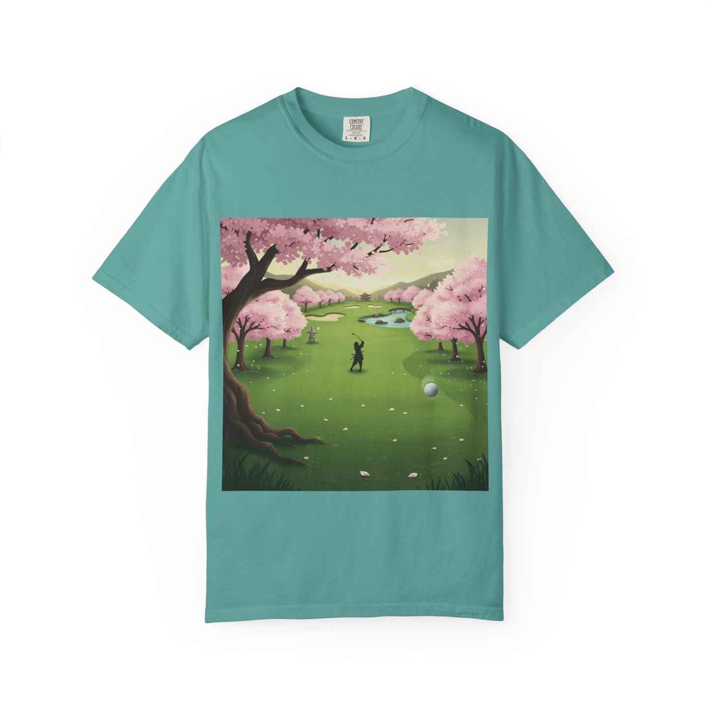 Zen Spot Golf Custom Golf Scenic Course Cherry Blossom Golfer Graphic T-Shirt