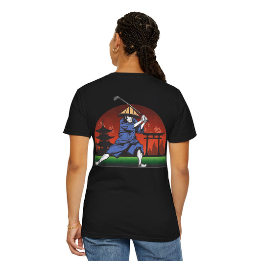 Japanese Sunset Samurai Golfer Chest and Back Graphic T-Shirt