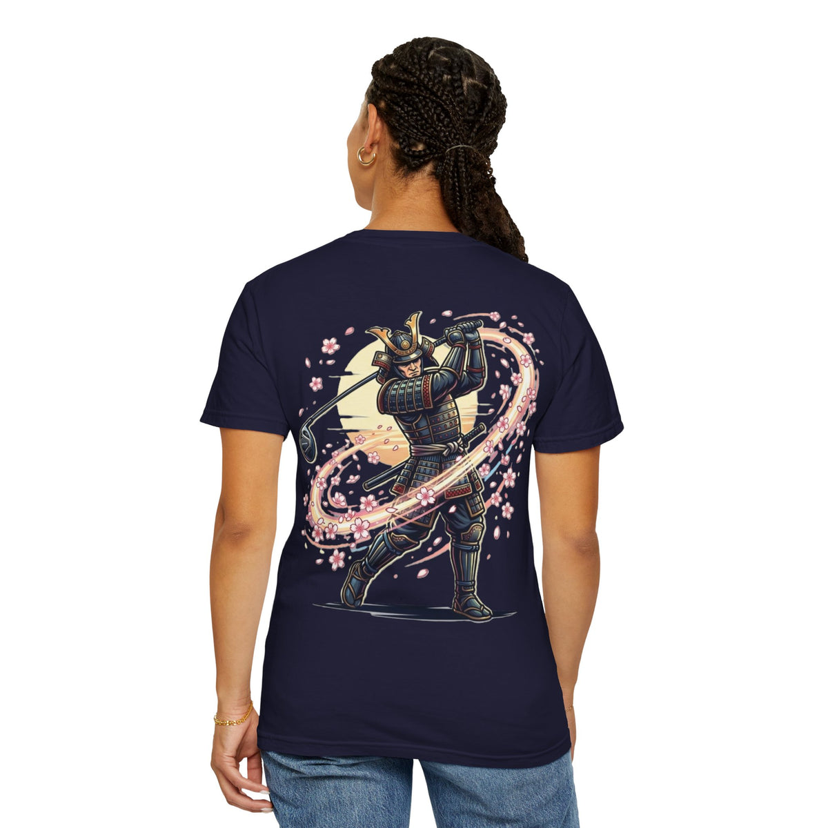 Samurai Golf T-Shirt — Warrior Golfer with Cherry Blossom Swirl