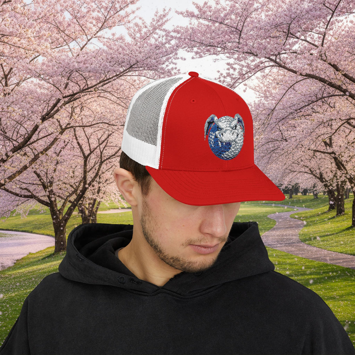 Embroidered White and Grey Stitched "Dragon Golf Ball" Trucker Cap