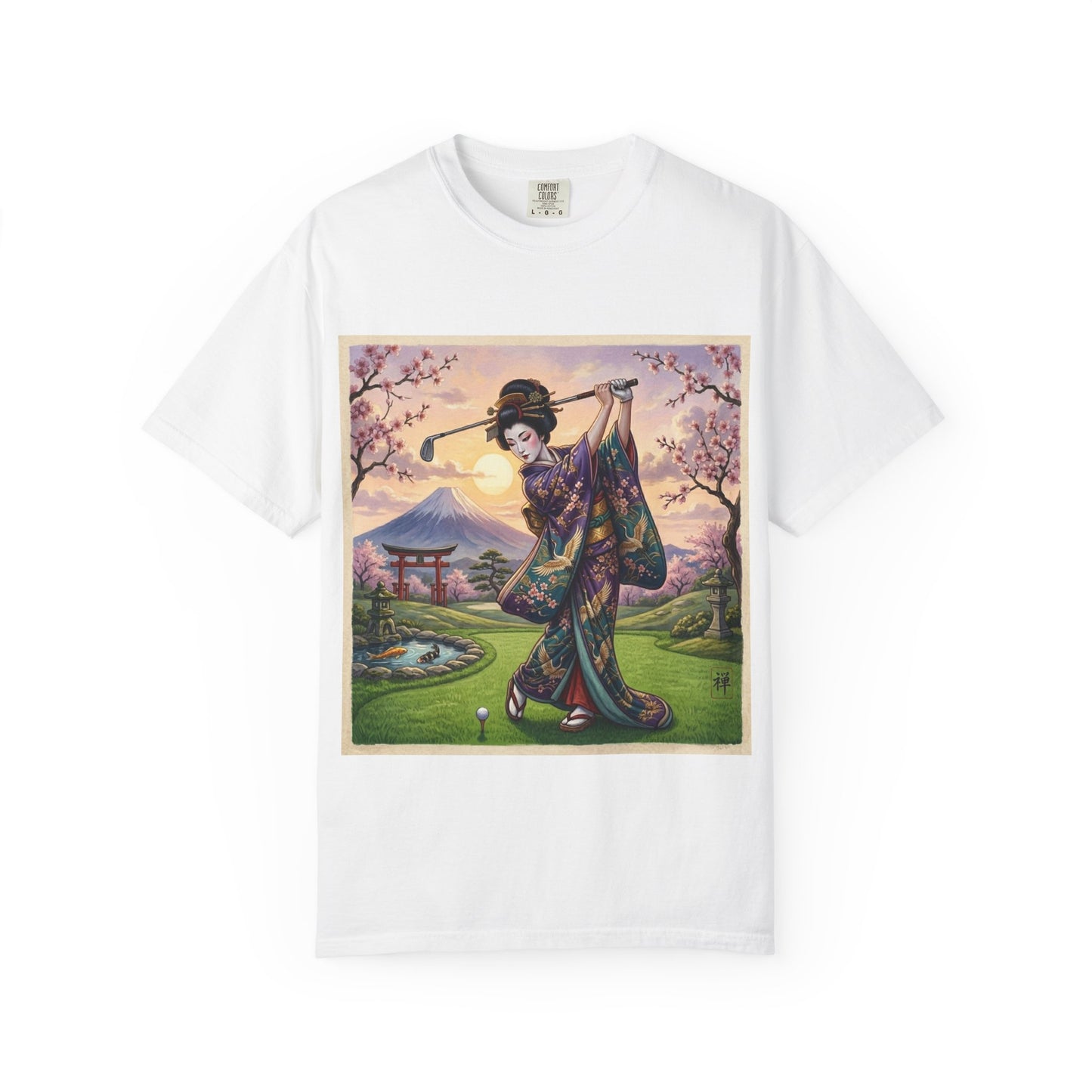 Zen Spot Customized Comfort Colors Geisha Golfing Sunset T-Shirt — Vintage Japanese Kimono Art Tee
