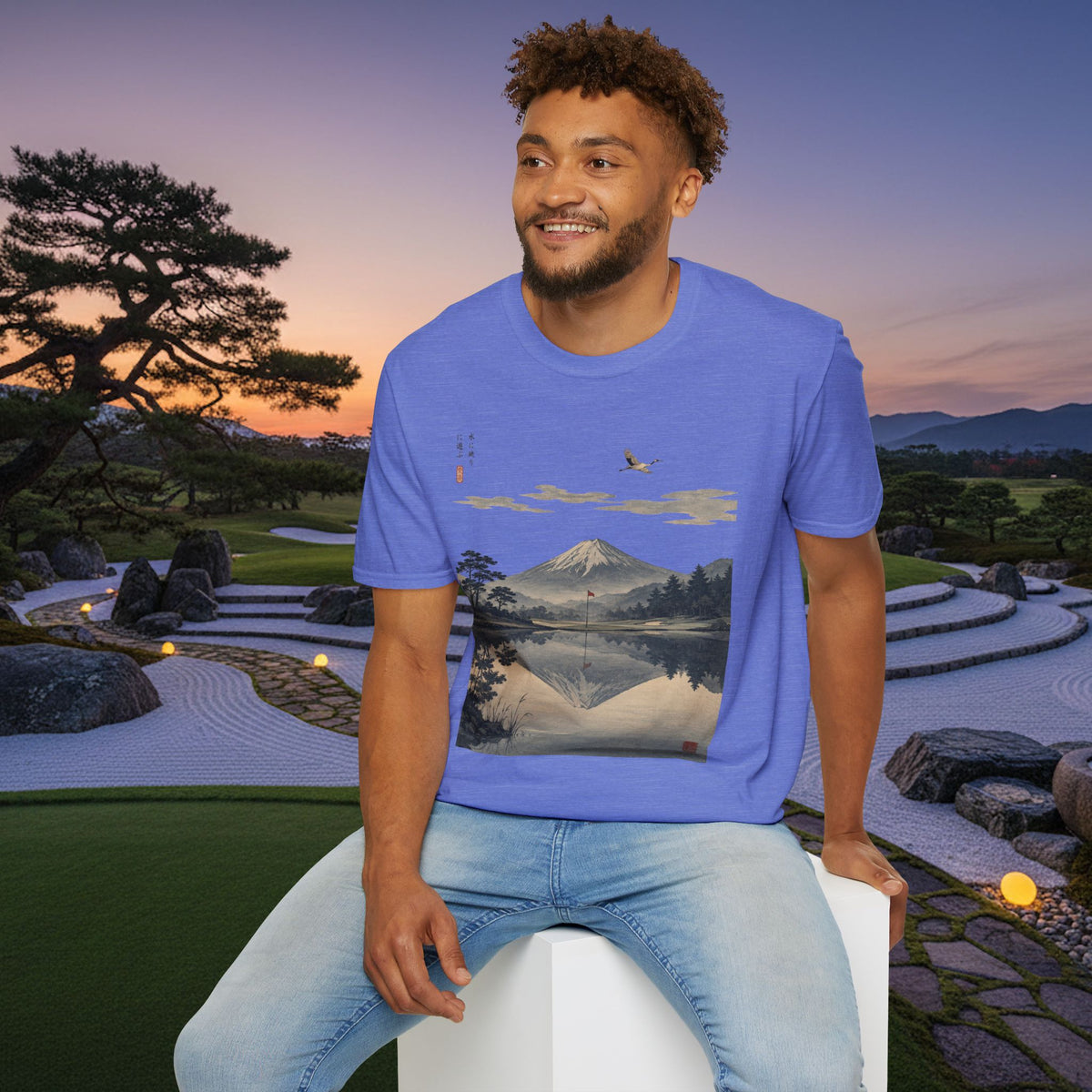 Mountain Golf Reflection T‑Shirt — Japanese Ukiyo‑Style Mount Fuji Golf Scenic Tee
