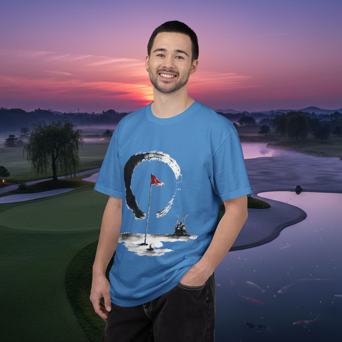 Zen Golf T-Shirt — Minimalist Golf Flag & Enso Brushstroke Design