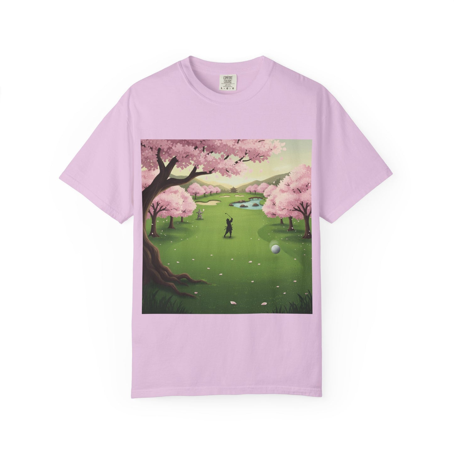 Zen Spot Golf Custom Golf Scenic Course Cherry Blossom Golfer Graphic T-Shirt