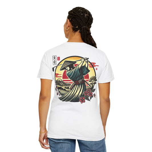 Samurai Golfer Sunset Chest and Back Design Graphic T-Shirt