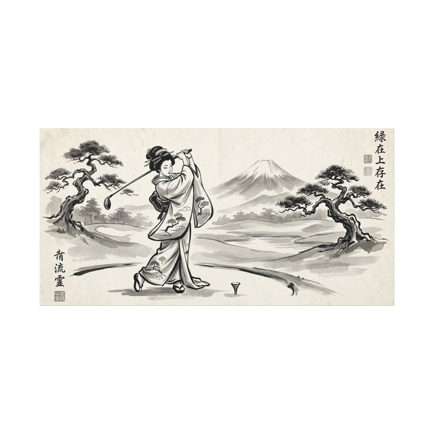 Vintage Japanese Ukiyo-e Golf Print — Matte Stretched Canvas Wall Art