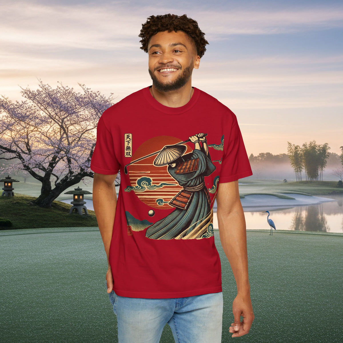 Samurai Golfer Sunset T-Shirt — Japanese Wave & Warrior Graphic Tee