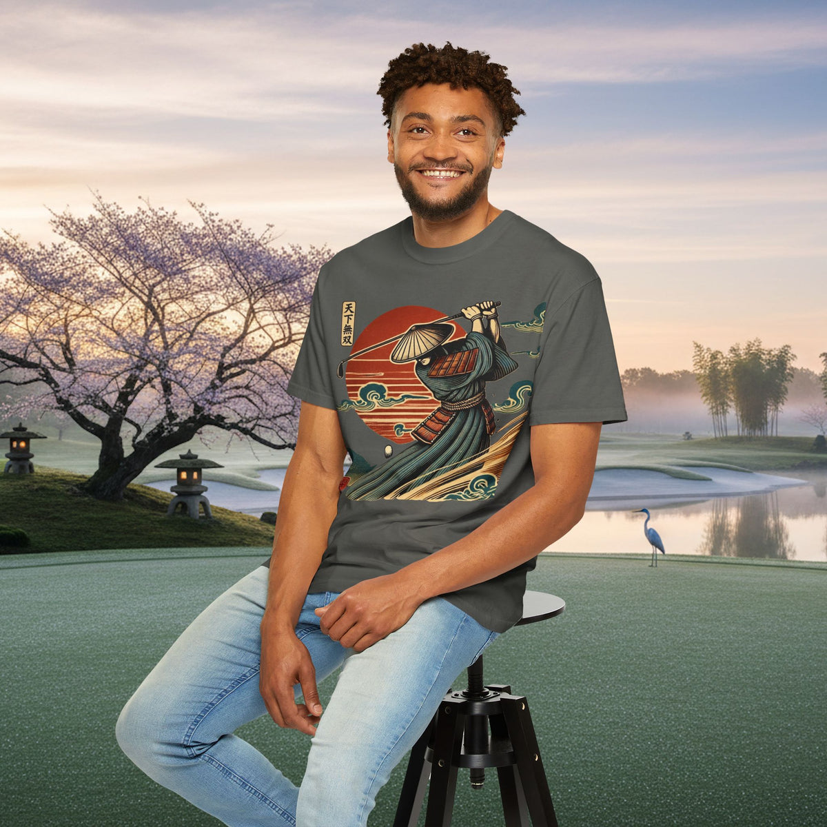 Samurai Golfer Sunset T-Shirt — Japanese Wave & Warrior Graphic Tee