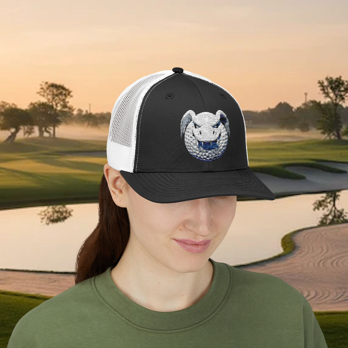 Embroidered White Stitched "Dragon Golf Ball" Trucker Cap