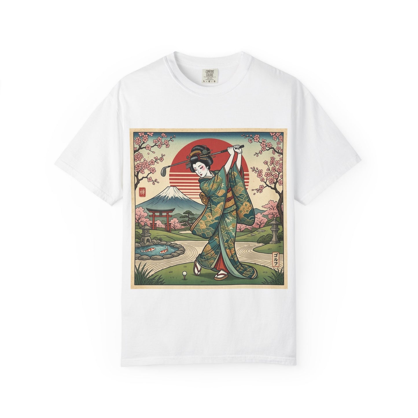 Zen Spot Golf Custom Vintage Japanese Kimono Geisha Golfer Sunset Graphic T-Shirt